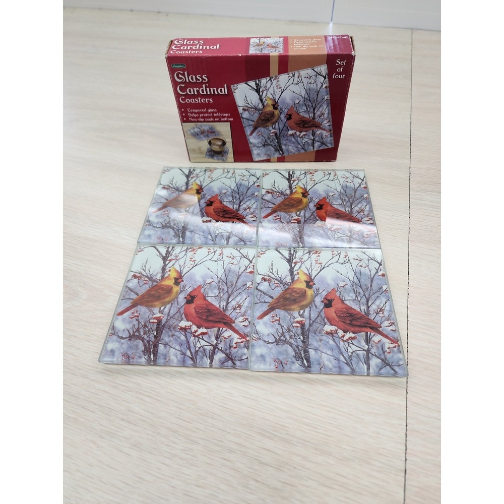 Red Cardinal Coasters Tempered Glass 4" X 4" Non-Skid Feet Set of (4) Birds